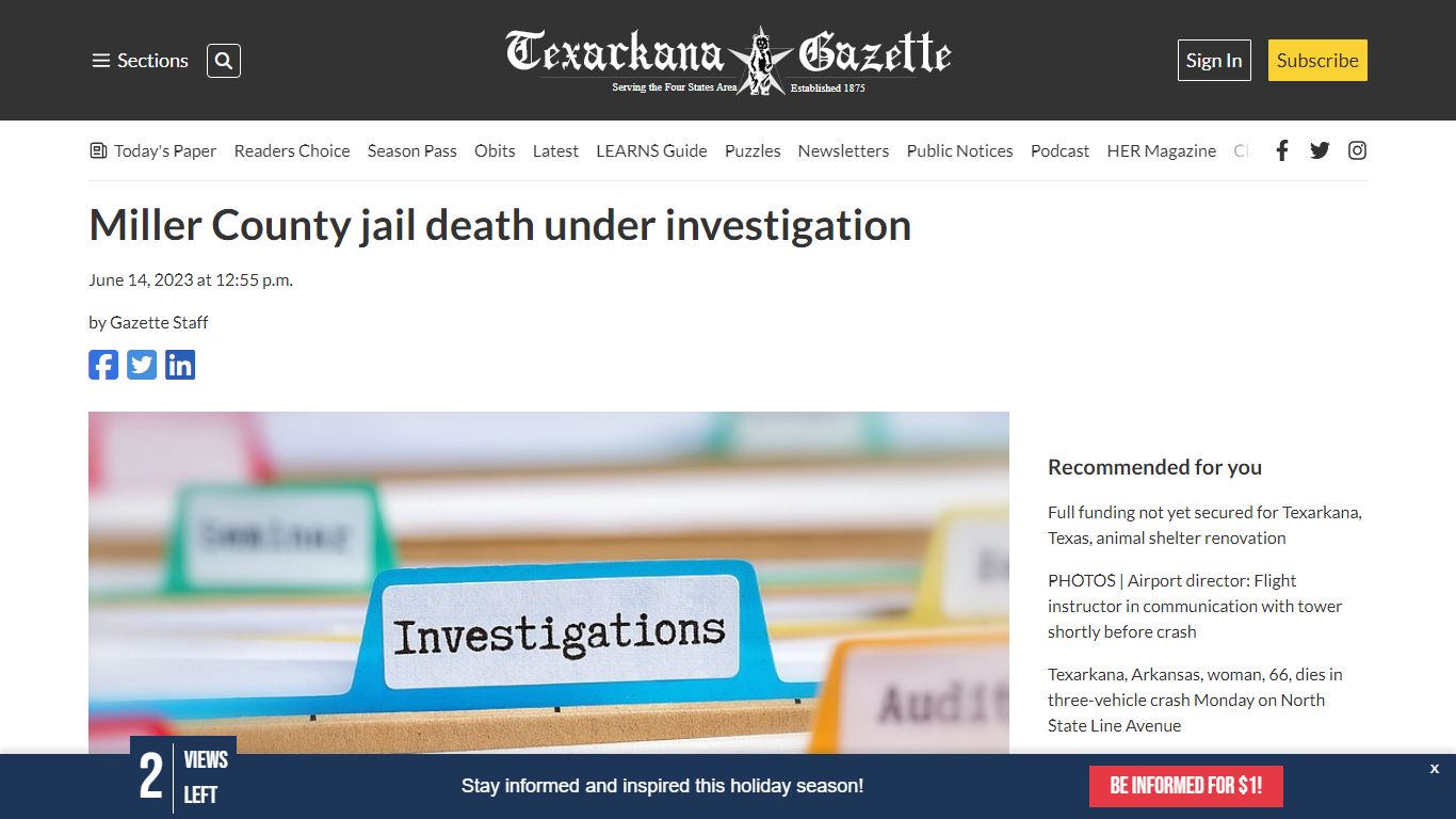 Miller County jail death under investigation | Texarkana Gazette